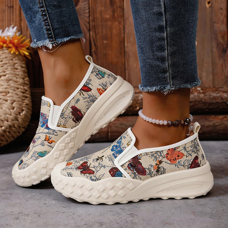 Outdoor Sports Shoes - 女性の靴快適で通気性のあるカジュアルスポーツアウトドア厚底プラットフォームスニーカーヴィンテージプリントスリッポンウォーキングシューズ ﻿